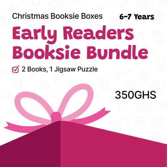 Advertisement for a 350ghs Christmas Booksie Boxes Early Readers Bundle with pink bow and text on a white background